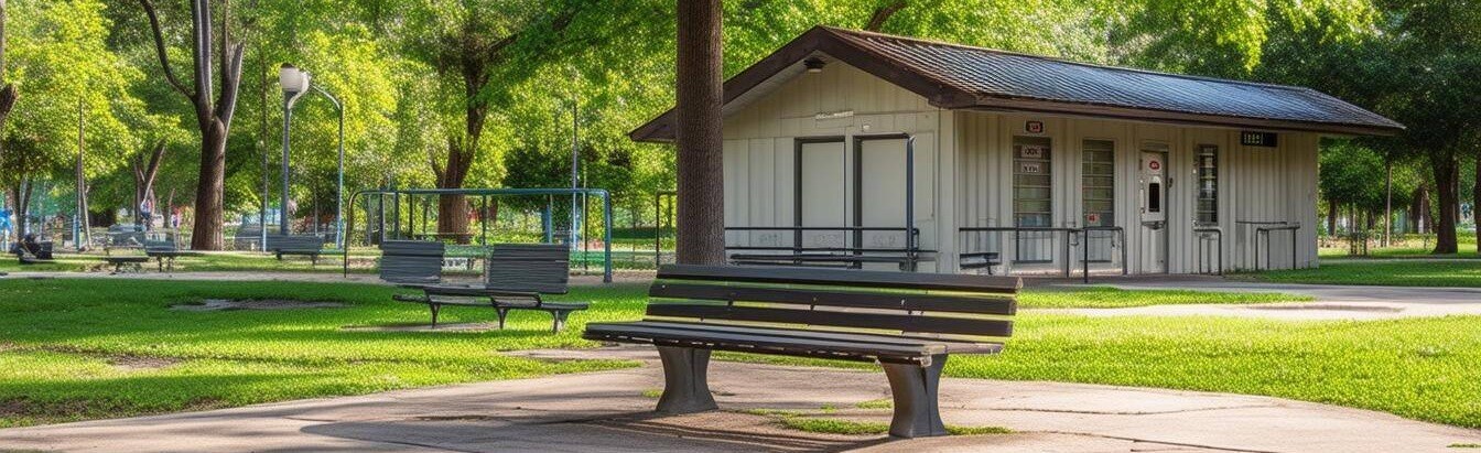 public park with a bench and a restroom building-1